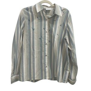 Alfred Dunner Embroidered Striped Button-Up Shirt Floral Collar Womens L